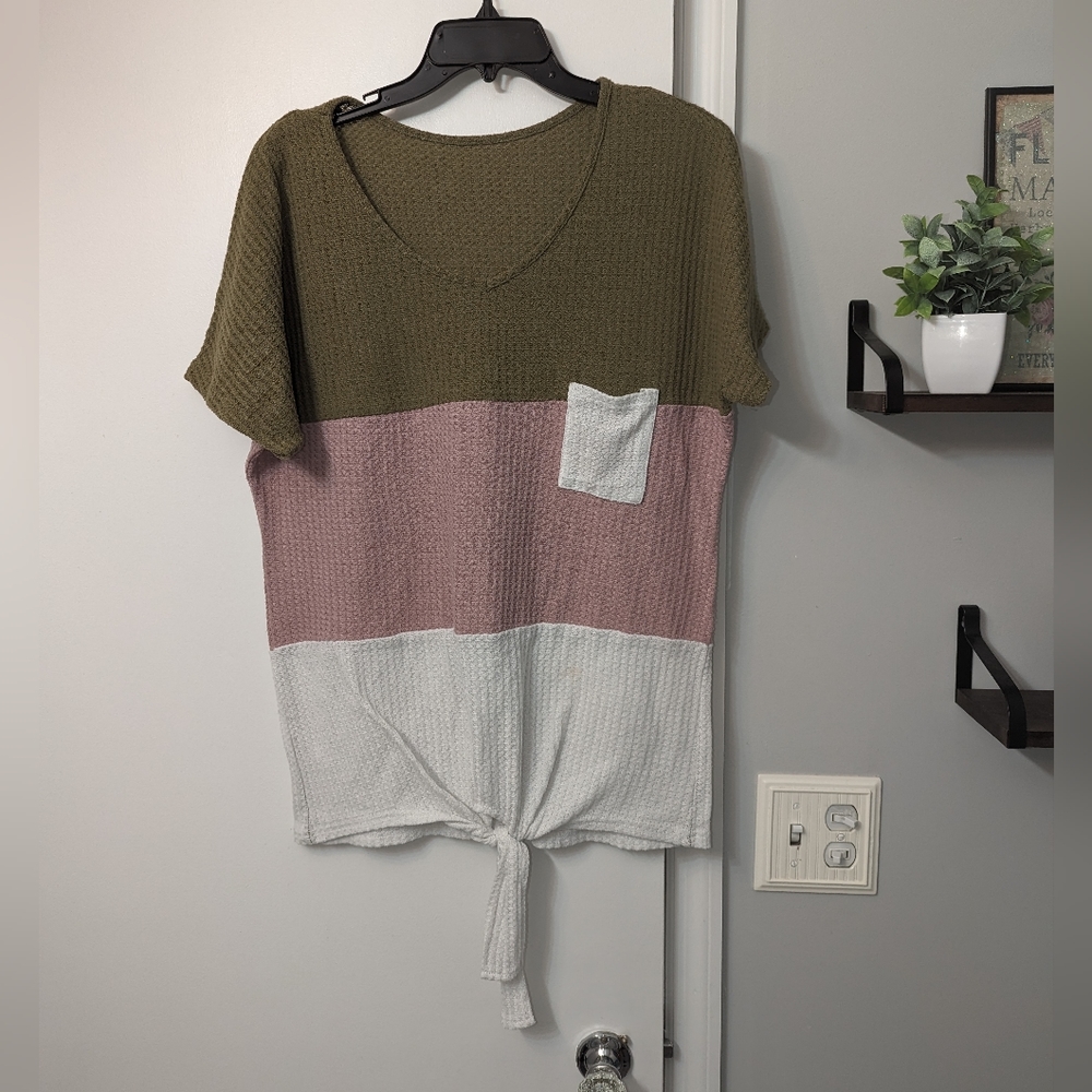3/$12 Color Block Tie Up Waffle Knit Top
